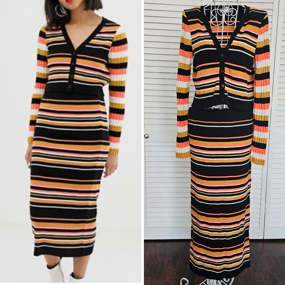 NWOT ASOS Striped Colorblock Knit V Neck Cardigan & Midi Skirt Set Size 8